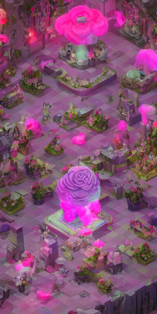 Image similar to Isometric Fantasy Room made of cotton candy and roses, trending on artstation, 4k, 8k, overhead view, unreal engine, octane, artstation 3d, artstation 3d render, artstation photography