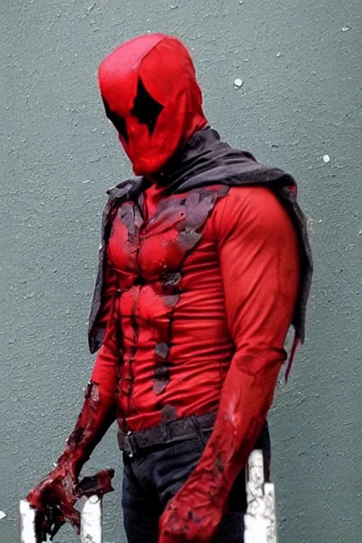 Image similar to red hood cosplay, creepy, disturbing, bloody, darkness, grainy