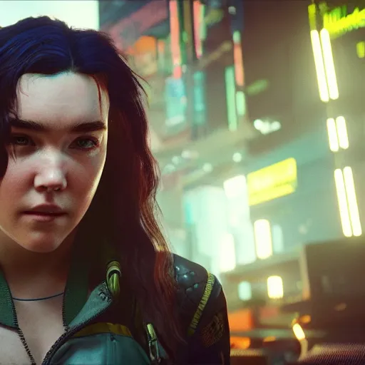 Image similar to florence pugh in cyberpunk 2 0 7 7, unreal engine 5 4 k, hyperdetailed photorealism