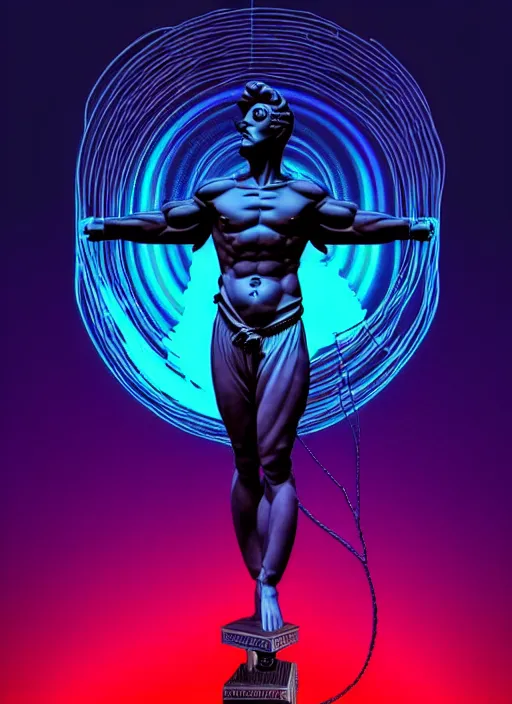 Image similar to statue of hercules, beeple, android jones, ( ( ( ( ( dan mumford ) ) ) ) ), vaporwave, retrowave, black background, neon wiring, black, glitch, strong contrast, cuts, pinterest, trending on artstation