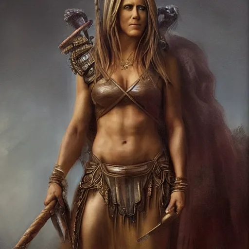 Image similar to portrait of jennifer aniston as amazon in an intricate dress by roberto ferri, fantasy, witcher, very detailed, masterpiece, 8 k