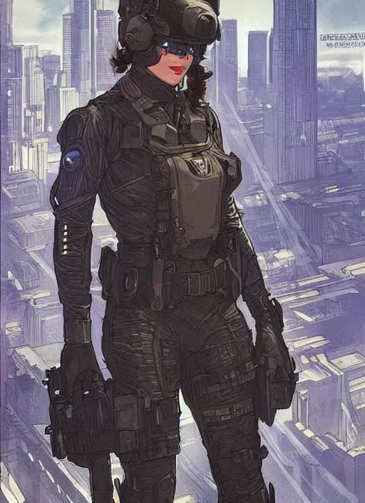 Prompt: Selina. USN special forces operator looking at city skyline. Agent wearing Futuristic stealth suit. rb6s Concept art by James Gurney, Alphonso Mucha.