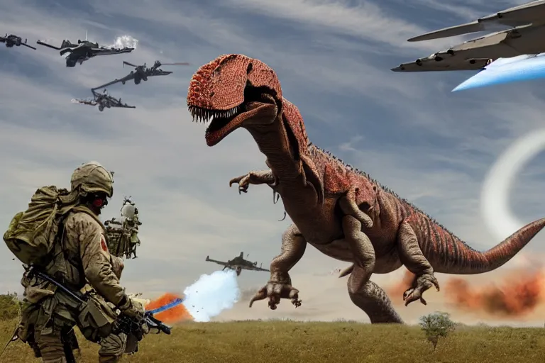 Image similar to the us military attacking an enormous dinosaur, dramatic angle