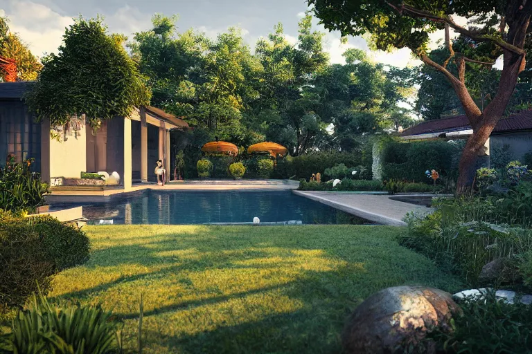 Image similar to serene garden with pool and a house in the background, hyper realistic, ambient lighting, concept art, intricate, hyper detailed, smooth, dynamic volumetric lighting, octane, raytrace, cinematic, high quality, high resolution, 4 k, cgsociety, rutkowski, gurney