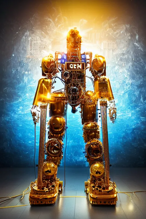 Image similar to portrait photo of a giant huge golden and blue metal humanoid steampunk robot cleaner robot, with gears tubes vaccuumcleaner, on the wet floor are mop and bucket, eyes are glowing red lightbulbs, shiny crisp finish, 3 d render, 8 k, insaneley detailed, fluorescent colors, background is multicolored lasershow
