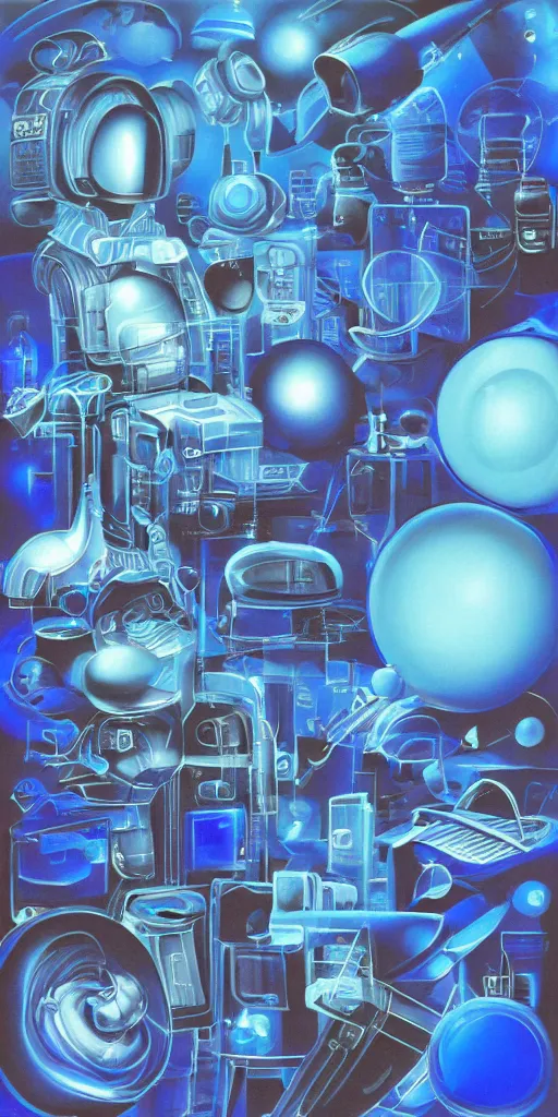 prompthunt: surreal airbrush painting of Cyber y2k aesthetic blue  translucent gadgets and shapes, surreal space, 2000s