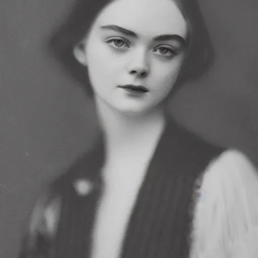 Image similar to headshot edwardian photograph of elle fanning, realistic face, trending on artstation, 1 9 1 0 ss, 1 9 0 0 s, 1 9 2 0 s, grainy, victorian, detailed, slightly blurry