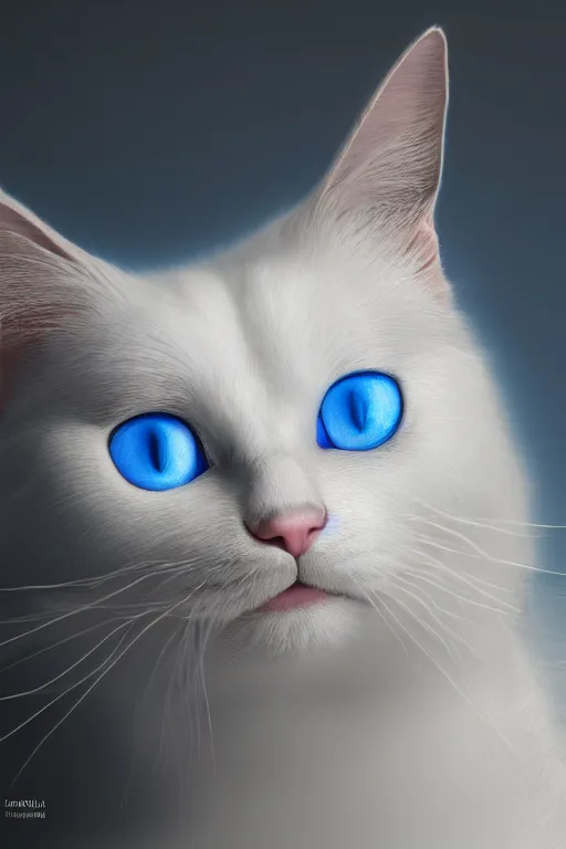 Prompt: hyper - realistic photo portrait of a happy white cat with blue eyes, photorealism, portrait photography, volumetric lighting, insanely detailed, artstation, 4 k, 8 k
