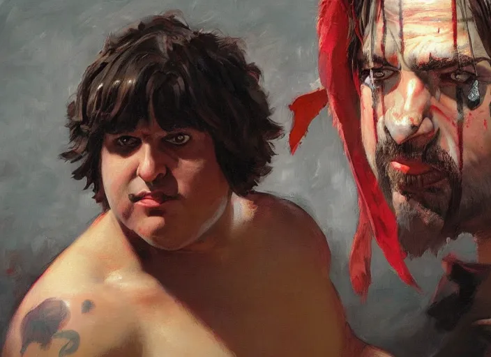 Prompt: a highly detailed beautiful portrait of andy milonakis as kratos, by gregory manchess, james gurney, james jean