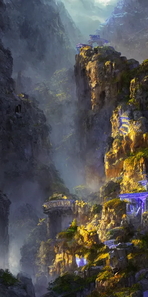 Prompt: Gorge in the mountain, white stone temple ruins, night dramatic lighting, blue, yellow and purple tones, wide camera angle, matte painting, trending on ArtStation, concept art, delightful surroundings, high detail, sharp contrast, picturesque, 4K, 8K, super graphically realistic detailed, high definition, HDR