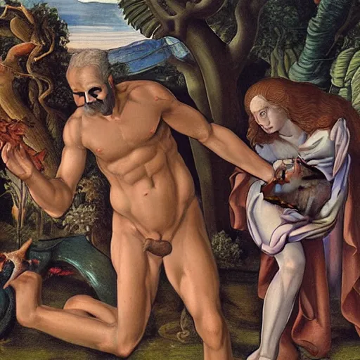 Image similar to Close-up of God being angry in the Garden of Eden. Adam and Eve look very guilty and the snake is leaving the scene quietly - anatomically correct, hyperrealistic