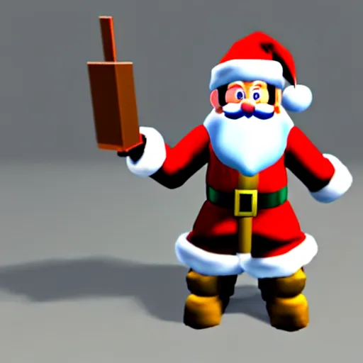 Prompt: santa claus first person shooter, nintendo 6 4 screenshot, low poly, aliased