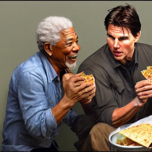 Image similar to tom cruise and morgan freeman eating a burrito in jail, hyper realistic, photo, photo studio, news paper, hyper detailed, smooth,