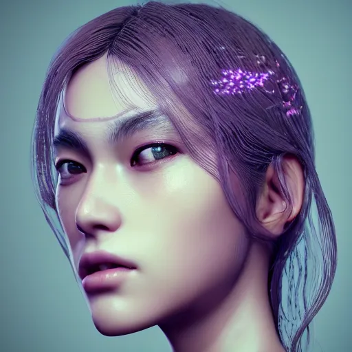 Image similar to intricate highly detailed face portrait of asian - european woman, light purple and mint water vines on her face, intricate, cgsociety, unreal engine, octane render, sharp focus, smooth, volumetric lighting, cinematic composition, artstation