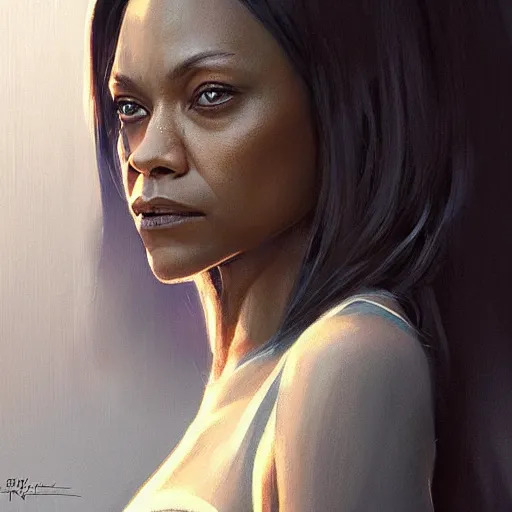 Image similar to “ portrait of zoe saldana by greg rutkowski, young, attractive, highly detailed portrait, scifi, digital painting, artstation, concept art, smooth, sharp foccus ilustration, artstation hq ”