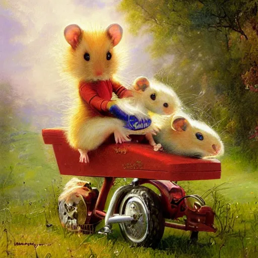 Image similar to a little hamster riding a tricycle, Lilia Alvarado, Sophie Anderson, Mark Arian, Bob Byerley, Charlie Bowater, Mark Brooks, Steve Henderson, Justin Gerard, Arthur Hughes, Edward Robert Hughes, Mark Keathley, Victor Nizovtsev, Carlos Shwabe, Ross Tran, WLOP