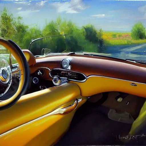 Prompt: blonde driving 1 9 5 0 ford mustang, swedish countryside, freedom, scenic, beautiful, painting by vladimir volegov