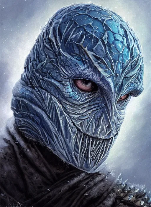 Image similar to frozen snow mf doom reptile eyes, blue frozen skin. intricate, elegant, highly detailed, centered, digital painting, artstation, concept art, smooth, sharp focus, illustration, artgerm, tomasz alen kopera, peter mohrbacher, donato giancola, joseph christian leyendecker, wlop, frank frazetta