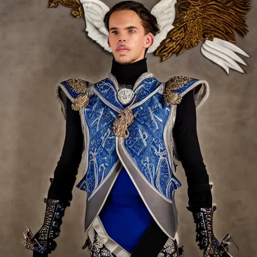 Image similar to low angle upper view of adult Austin Butler dressed in futuristic-baroque prussian blue duelist-garb with Griffin-Ram embroidery emblem, and nanocarbon-vest and greaves, standing in an arena in Dune 2020, XF IQ4, f/1.4, ISO 200, 1/160s, 8K, RAW, unedited, symmetrical balance, face in-frame