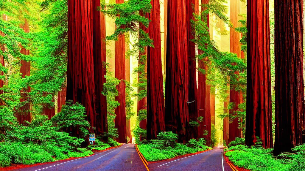 Image similar to Market Street lined with Redwood Trees by bruce mccall; City in Harmony with Nature; Location: San Francisco, California; Redwoods by Neil Burnell