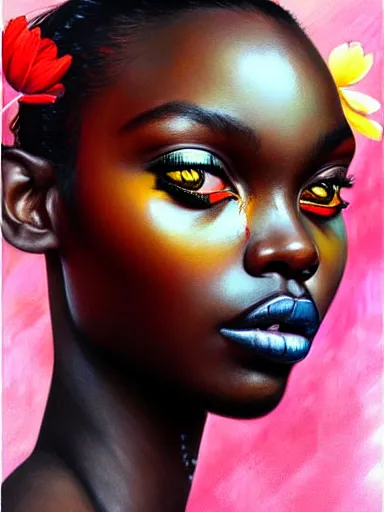 Prompt: portrait of duckie thot with a floral background : : painted by artgerm, karol bak, artur bordalo, sandra chevrier : : portrait, character, illustration, hyperrealism, photorealism,