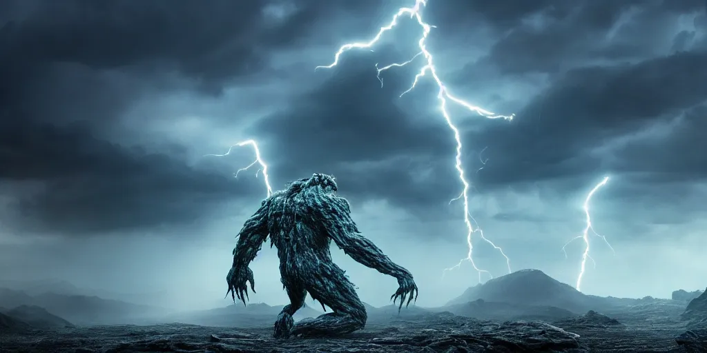 Image similar to monster made of energy in a landscape made of crystal, lightning storm, cinematic, detailed, epic, widescreen, opening, establishing, mattepainting, photorealistic, 4 k, octane render