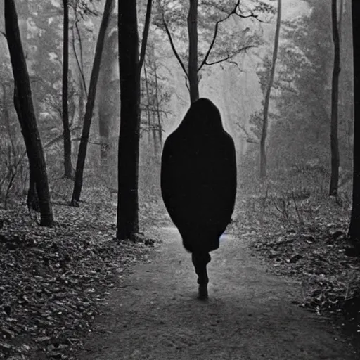 Image similar to old photograph of an alien walking through an eerie forest