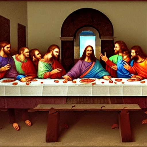 Image similar to eating pizza at the last supper