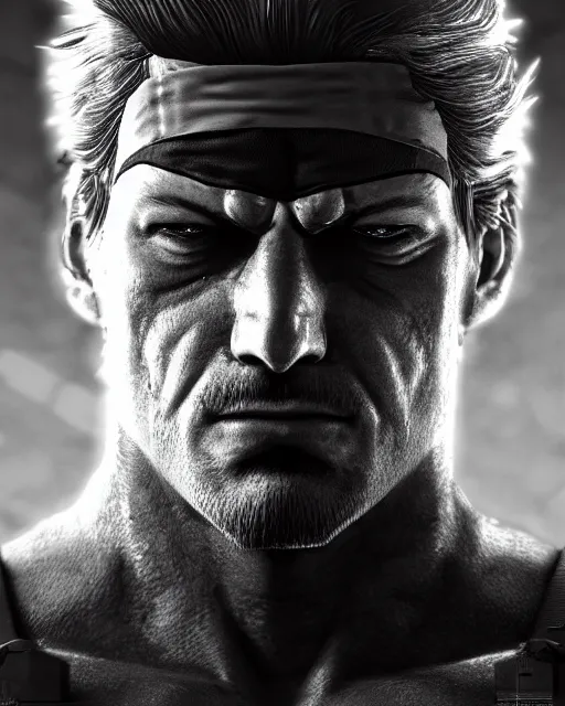 Image similar to solid snake bust portrait, cinematic lighting, backlit face, anguished depressed expression, close - up, black atmospheric background, 4 k photorealistic render, best of artstation hdr, redshift houdini