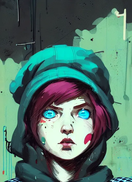 Prompt: highly detailed portrait of a sewer punk lady student, blue eyes, tartan hoody, hat, white hair by atey ghailan, by greg rutkowski, by greg tocchini, by james gilleard, by joe fenton, by kaethe butcher, gradient green, black, brown and magenta color scheme, grunge aesthetic!!! ( ( graffiti tag wall background ) )