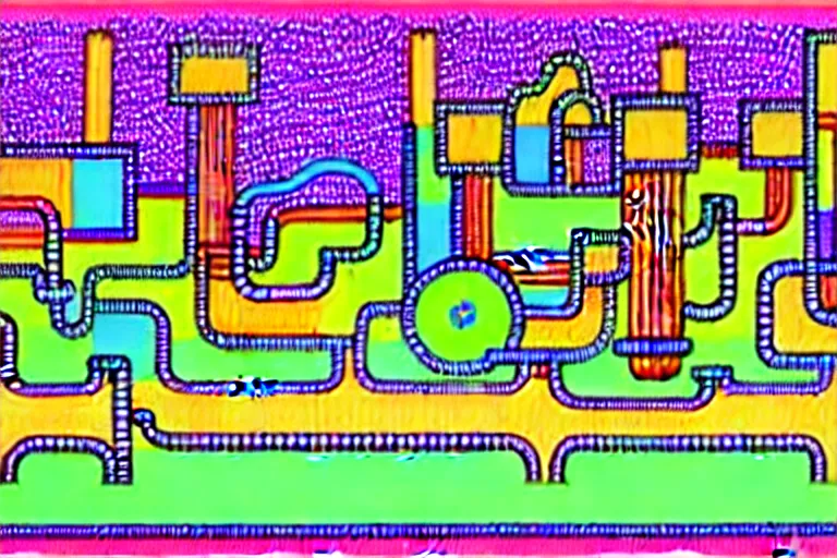 Image similar to an elaborate penned child illustration of a colorful intricate connected city of tubes and pipes, by martin handford and by jan van haasteren