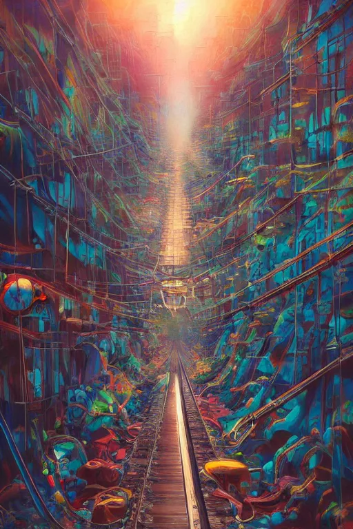 Image similar to trains covered in dripping graffiti paint, painterly, james jean, yoshitaka amano, hiroshi yoshida, moebius, loish, artgerm, painterly, symmetrical, ultra detailed, hyper realistic, illustration, sunset lighting