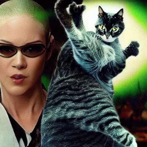 Image similar to cats in the matrix movie style