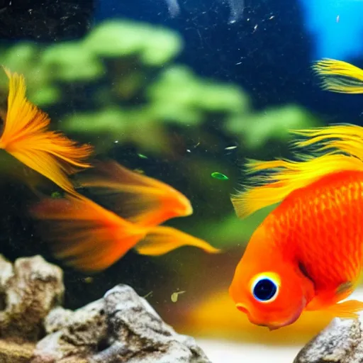 Image similar to extremely obese beautiful colorful goldfish in an aquarium, photography
