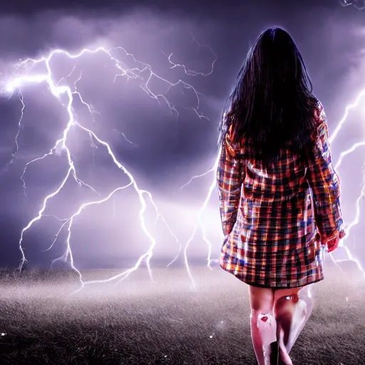 Image similar to mysterious young girl child with her long black hair dressed in a chequered robe, mysterious young girl is walking in strong wind and lightning storm, epic scene, atmospheric, surrounded by magical light, digital art, hd, 4 k, hyper detailed