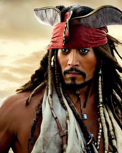 Image similar to Film still close-up shot of Dwayne Johnson as Captain Jack Sparrow from the movie Pirates of the Caribbean. Dwayne The Rock Johnson Photographic, photography