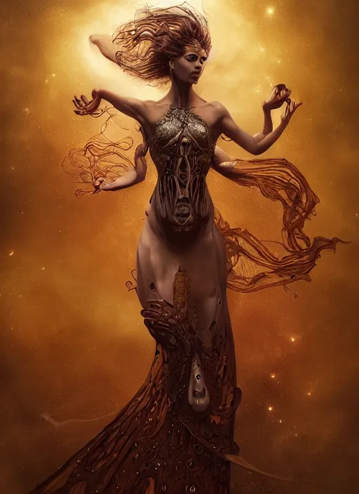 Image similar to epic portrait of menacing and agitated yet stunningly beautiful biomechanical djinn overseeing the iridescent fabric of the universe, by charlie bowater, mandy jurgens, gustav klimt, octane render, dramatic camera angle, 4k, 8k, high detail, HDR, by tom bagshaw, powerful, with inspiration from Beksinski, inspired by greek goddess Athena