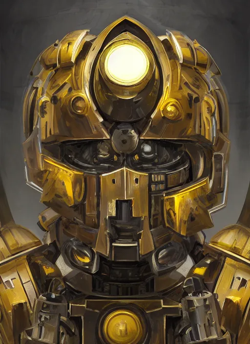 Prompt: dynamic attack position abstract portrait of a intricate glorious holy mechanical warforged character in yellow armor holding a paladin engraved great longsword drawn and carrying a big paladin shield, glowing!!!! eye!!!!!, face in focus, pit droid, epic , trending on ArtStation, masterpiece, cinematic lighting, by Ross Tran and by Greg Rutkowski
