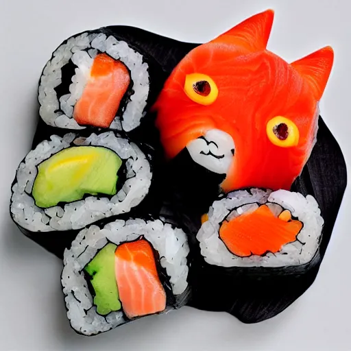 Image similar to a pile of sushi in the shape of a cat.