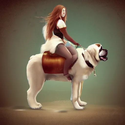 Image similar to girl riding a giant saint Bernard at the beach, trending on artstation