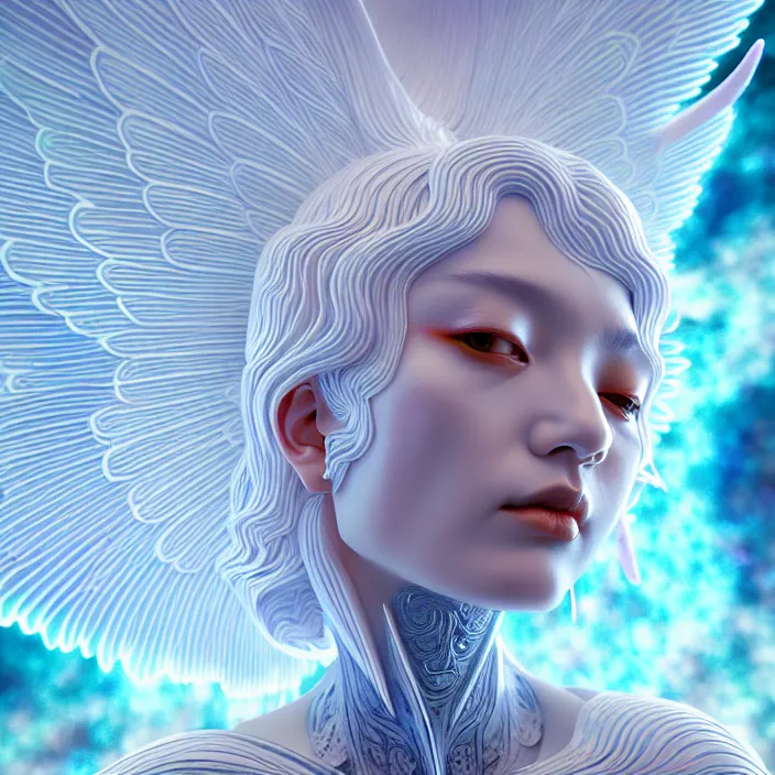Image similar to stylized art of an psychedelic angelic celestial being by jung gi kim, trending on artstation, winged head, white gold skin, ayahuasca, sacred geometry, esoteric art, watercolor, octane render 8 k