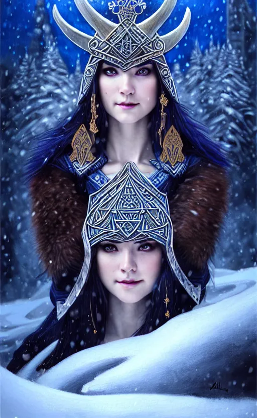 Prompt: royal blue viking warrior, regal, elegant, winter, snow, beautiful, stunning, hd, illustration, epic, d & d, fantasy, intricate, elegant, highly detailed, wide angle, digital painting, artstation, concept art, smooth, sharp focus, illustration, wallpaper, art by artgerm and greg rutkowski and alphonse mucha and jin xiaodi