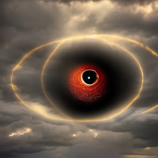 Prompt: giant eyeball in the sky, thunder and lightning in the background, dramatic lighting, melancholy