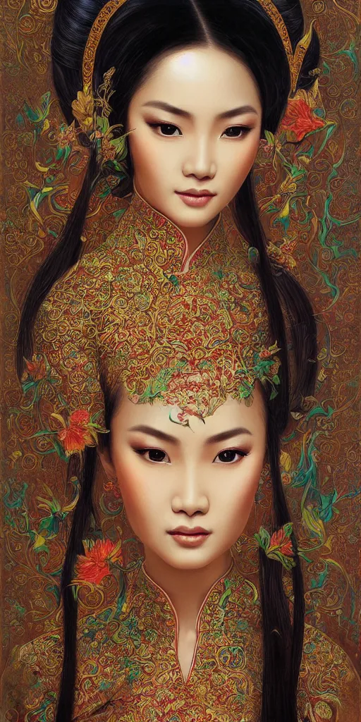 Image similar to portrait of a beautiful vietnamese woman wearing vietnamese ao dai, intricate, detailed, symmetric face, by wlop and karol bak