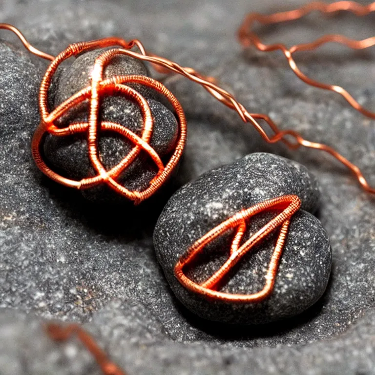 Image similar to photo of a pebble wrapped in copper wire. lots of copper wire! glowing runes drawn on pebble. extremely high details