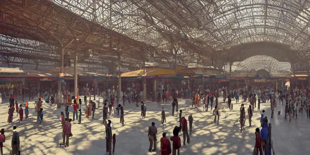 Prompt: establishing shot, interior of an india railway station, bustling with people, sharp focus, unreal engine, octane render, aesthetic