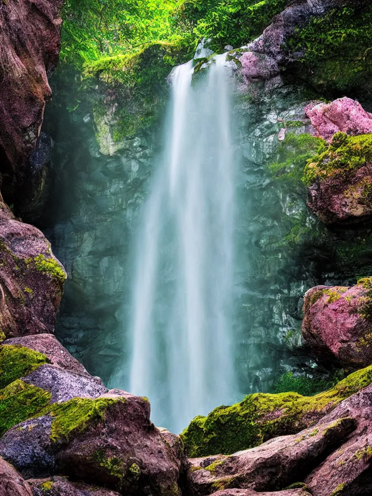 Prompt: poster art of waterfall cascading onto rocks, small rainbow emerging in background, ethereal, beautiful scenery, intricately meticulously detailed, amazing, glitter, 8 k render octane high definition