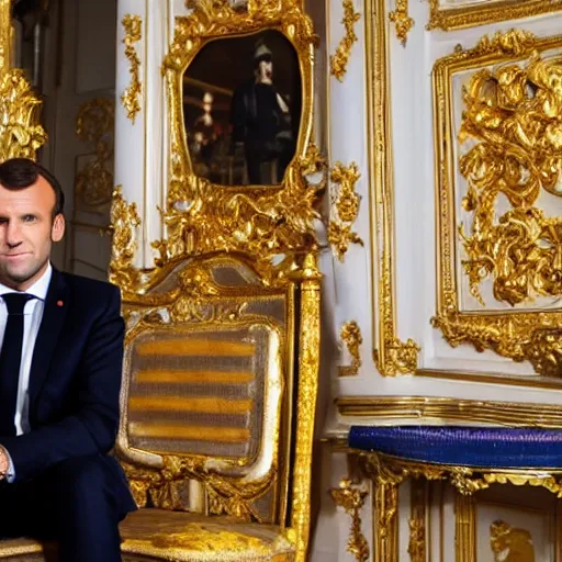 Prompt: emmanuel macron is sitting on the golden loo, detailed photography, 5 0 mm lens,