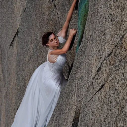 Image similar to Ultra realistic close-up of Frida Kahlos face wearing a wedding dress rock climbing a steep wall, hd