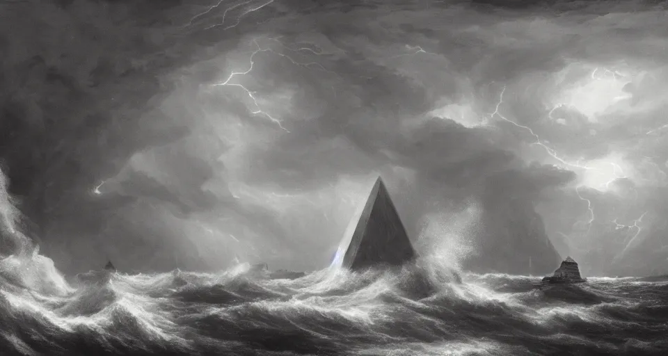 Image similar to black lovecraftian eldritch!! obsidian pyramid!! a snowy island surrounded by raging stormy seas, 1 7 0 0 s frigate, with a large shadow of a creature in the background by eugene von guerard, ivan shishkin, night, red lightning!!, storm!, dramatic lighting, concept art, trending on artstation, 8 k